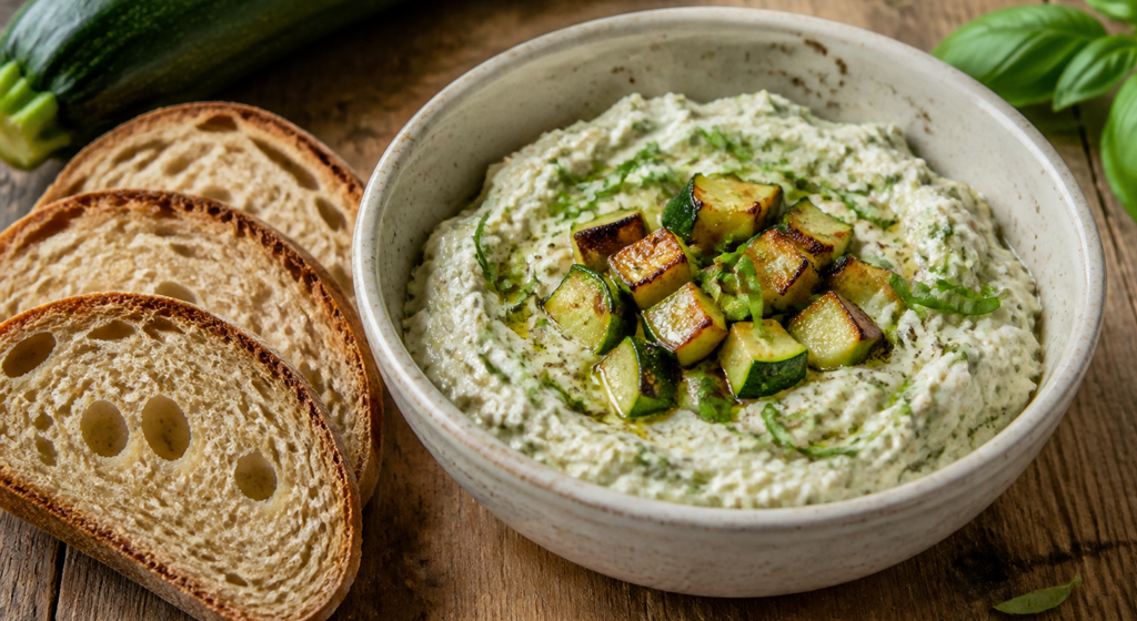Cremiger Zucchini-Ricotta-Aufstrich mit Basilikum in einer hellen Keramikschale, daneben geröstetes Bauernbrot und eine grüne Zucchini.