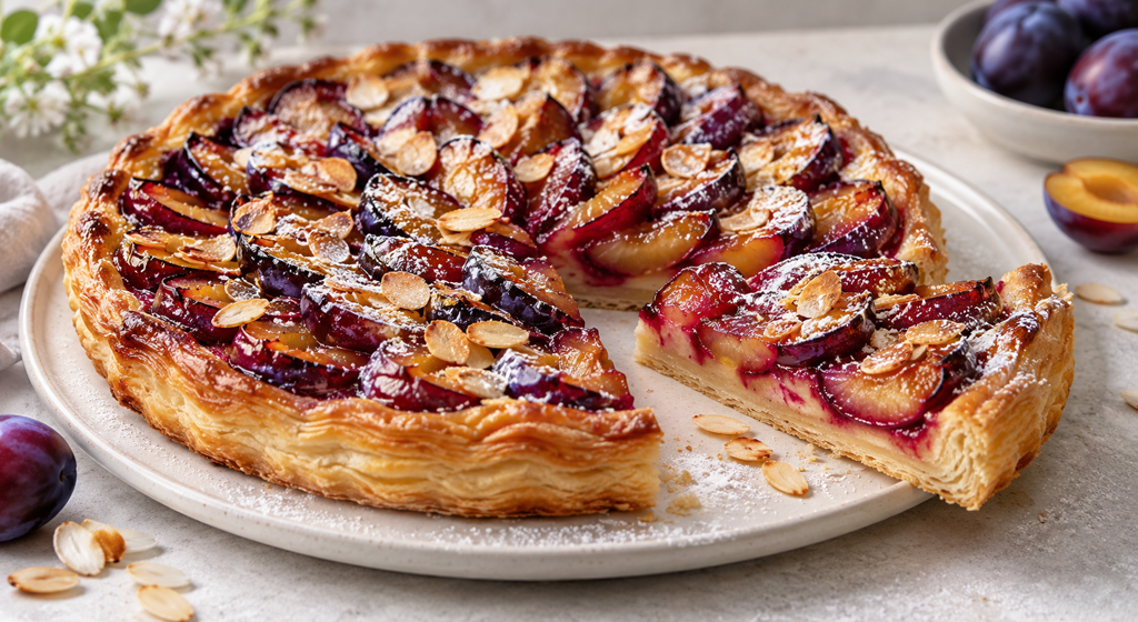Goldbraune Zwetschgen-Mandel-Tarte aus Blätterteig mit gerösteten Mandelblättchen auf einer hellen Keramikplatte