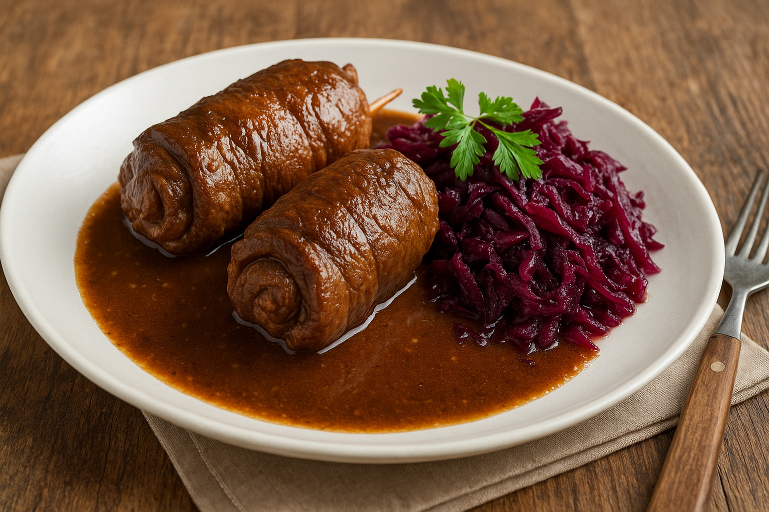 2 Rinderrouladen in dunkler Bratensauce, serviert mit Apfel-Rotkohl und Kartoffelklößen auf weißem Teller.