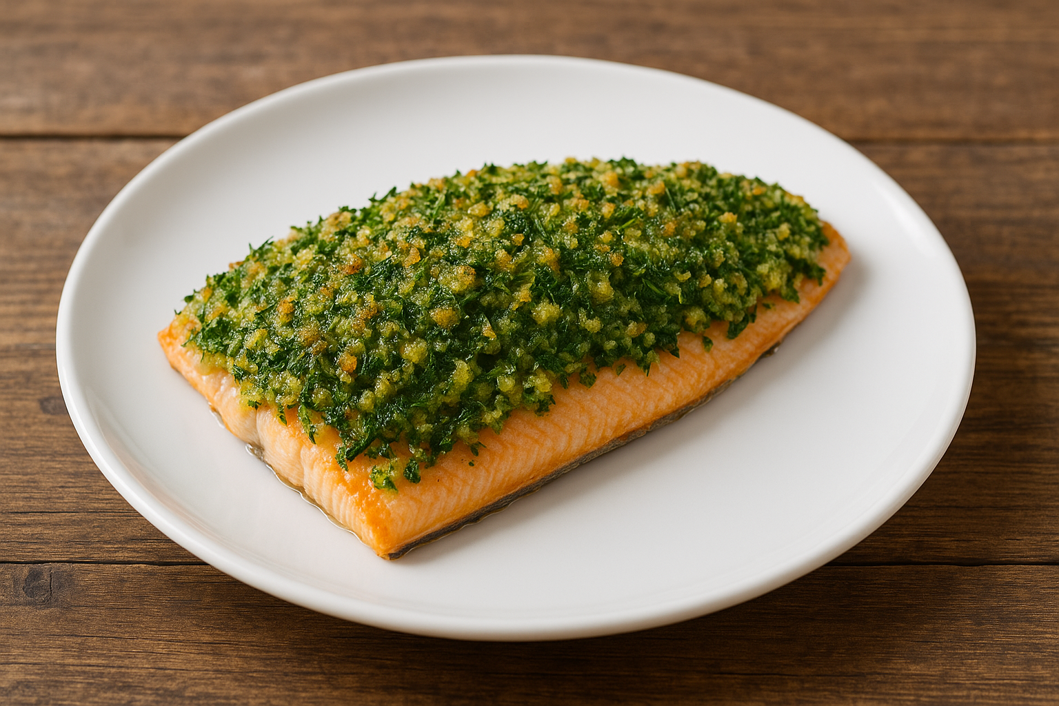 Saiblingsfilet auf weißem Teller, bedeckt mit goldbrauner Kräuterkruste aus Petersilie und Dill, serviert auf rustikalem Holztisch.