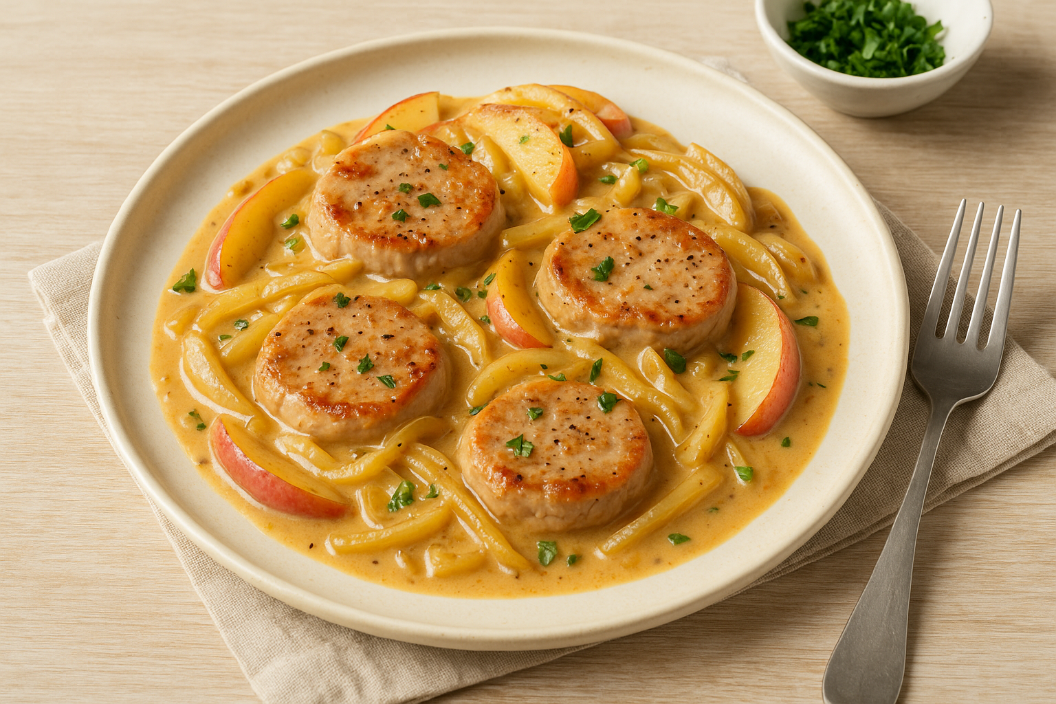Schweinefiletmedaillons auf einem Teller, serviert in cremiger Apfel-Zwiebel-Sauce mit Apfelspalten und Zwiebelstreifen, garniert mit frischer Petersilie.
