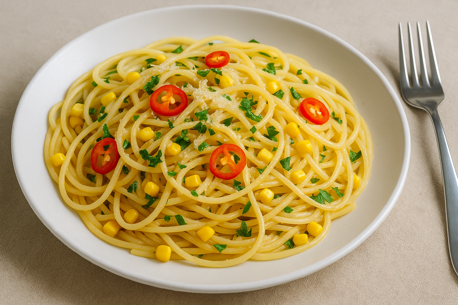Spaghetti auf einem weißen Teller, garniert mit gelben Maiskörnern, roten Chilischeiben und frischer Petersilie, daneben eine Gabel.