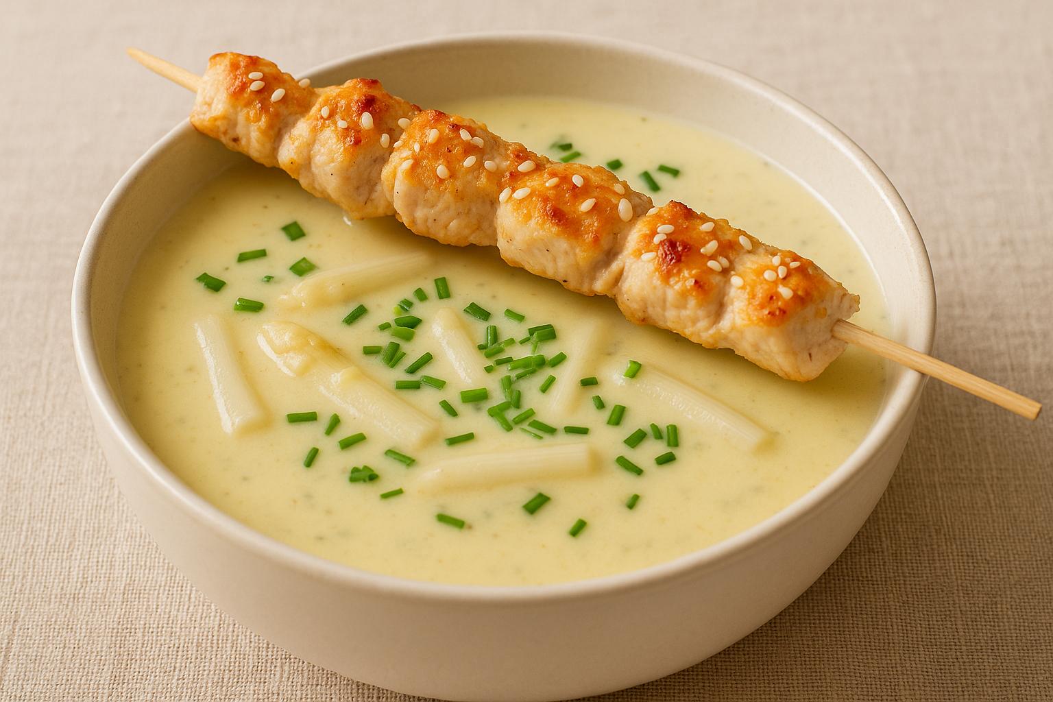 Spargelcremesuppe mit Hähnchen Sesam Spieß angerichtet in einer Suppenschüssel
