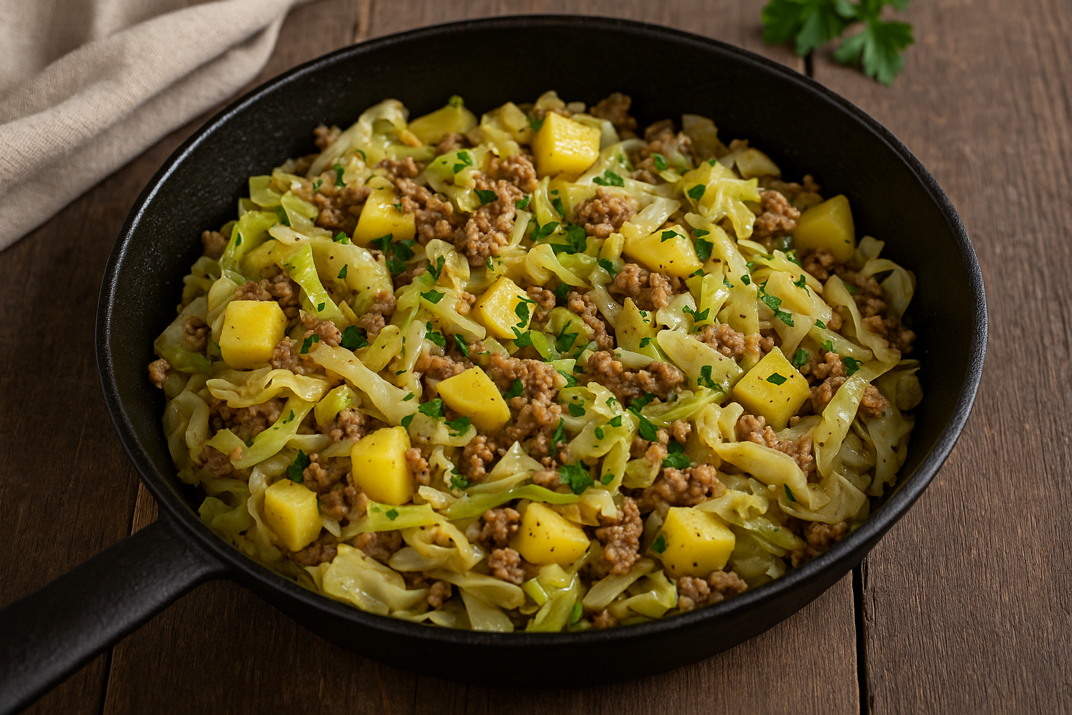 Gusseiserne Pfanne mit Spitzkohlpfanne aus Hackfleisch, Kartoffelwürfeln und Kümmel, garniert mit frischer Petersilie, serviert auf Holztisch.