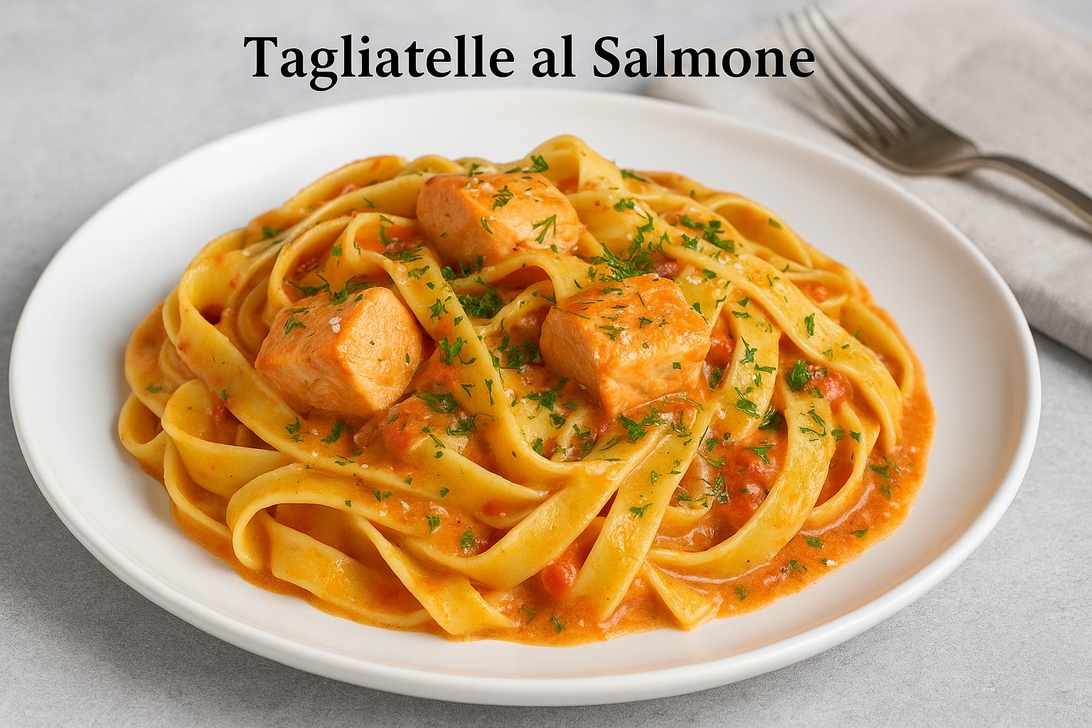 Die tafelfertigen Tagliatelle al Salmone angerichtet auf einem weißen Teller mit Besteck daneben