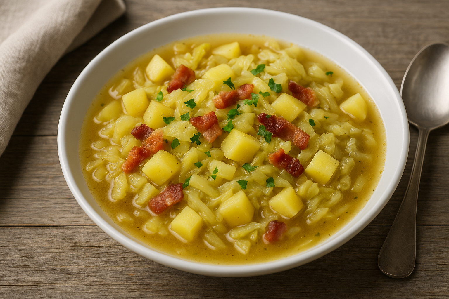 Weiße Schüssel mit Eintopf aus Weißkohl, Kartoffelwürfeln und Speckstückchen, garniert mit frischer Petersilie, auf rustikalem Holztisch serviert.