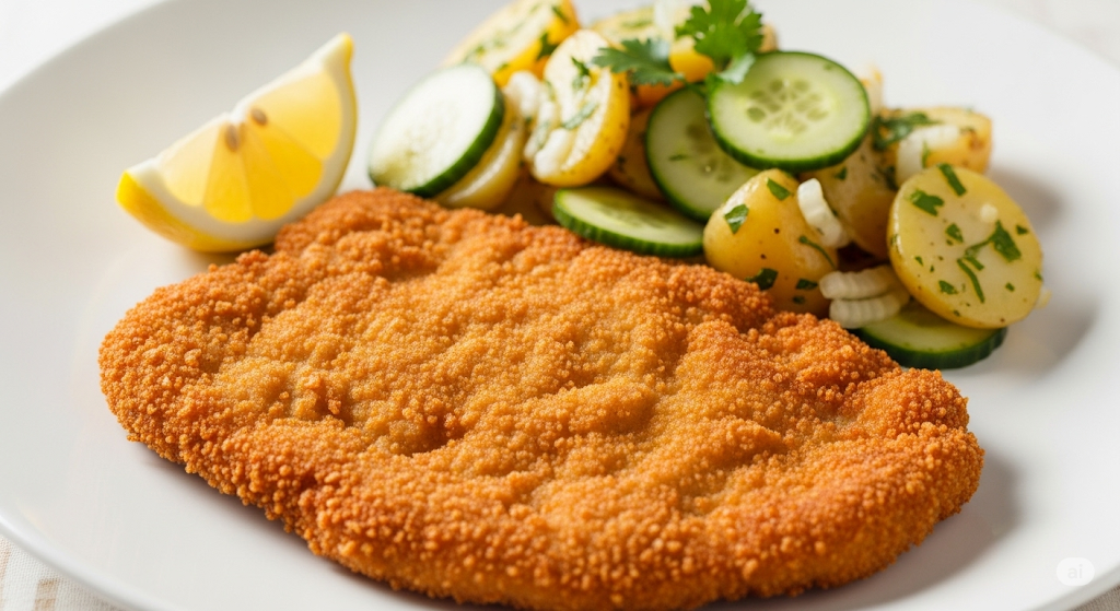 Ein goldbraunes, knusprig paniertes Wiener Schnitzel liegt auf einem weißen Teller neben einem lauwarmen Kartoffel-Gurken-Salat und einer Zitronenspalte.