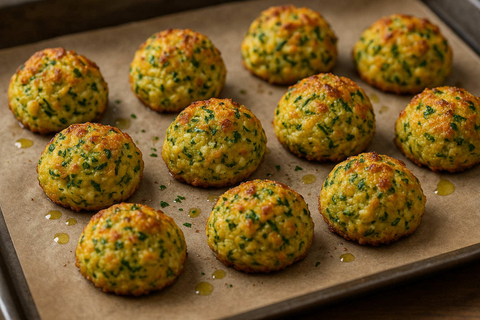 Goldbraun gebackene Zucchini-Feta-Bällchen liegen auf einem mit Backpapier belegten Blech. Die Oberfläche ist knusprig und von grünen Kräuterstückchen durchzogen, kleine Tropfen Olivenöl glänzen daneben.