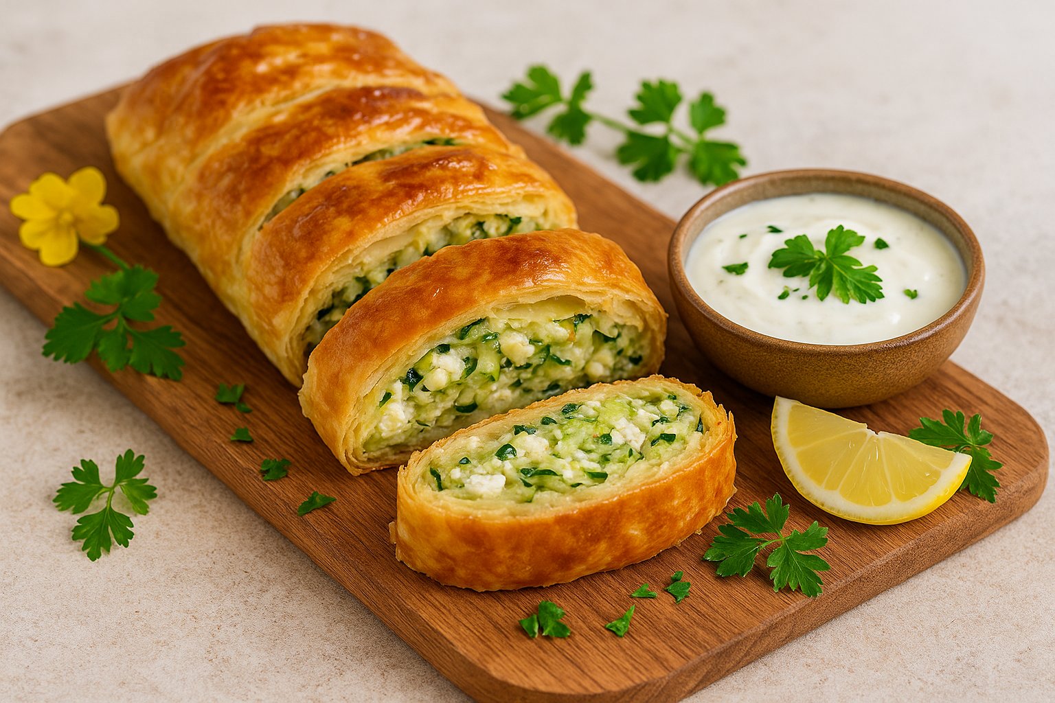 Das Bild zeigt einen goldbraun gebackenen Strudel aus Blätterteig, der auf einem rustikalen Holzbrett angerichtet ist. Der Strudel ist in mehrere Stücke geschnitten, und die Füllung aus Zucchini und Feta ist gut erkennbar – sie wirkt saftig und frisch, mit grünlich-weißen Farbtönen. Rechts daneben steht ein kleines Schälchen mit einem hellen Joghurt-Dip, das mit einem Minzblatt und einer dünnen Zitronenscheibe dekoriert ist. Auf dem Brett liegen zusätzlich ein paar frische Kräuter und eine gelbe Blüte. Das Licht ist natürlich und warm, der Hintergrund weich und dezent – das Gesamtbild vermittelt einen sommerlich-frischen Eindruck.