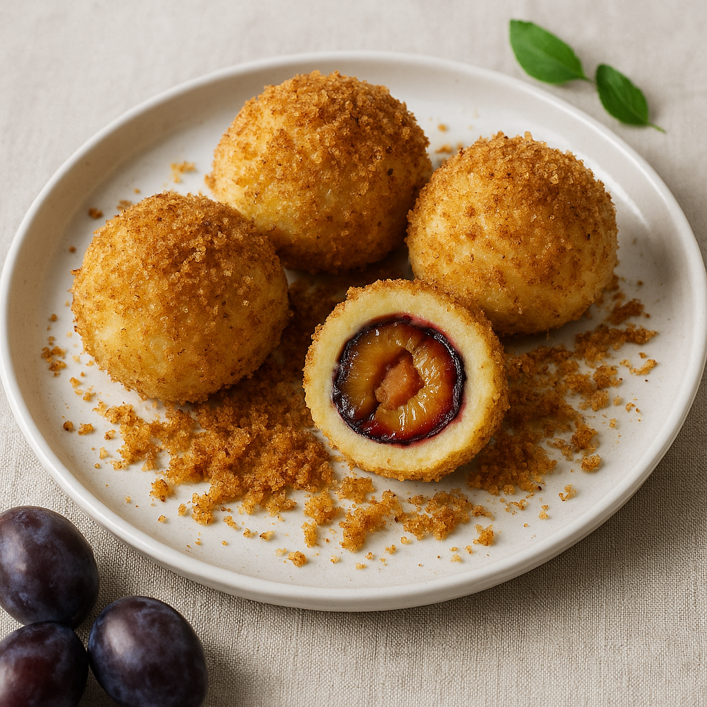 „Vier Zwetschgenknödel auf einem weißen Teller, umhüllt von goldbraunen Butterbröseln, einer aufgeschnitten mit sichtbarer Zwetschge im Inneren, daneben frische Zwetschgen und Streuselkrümel.“
