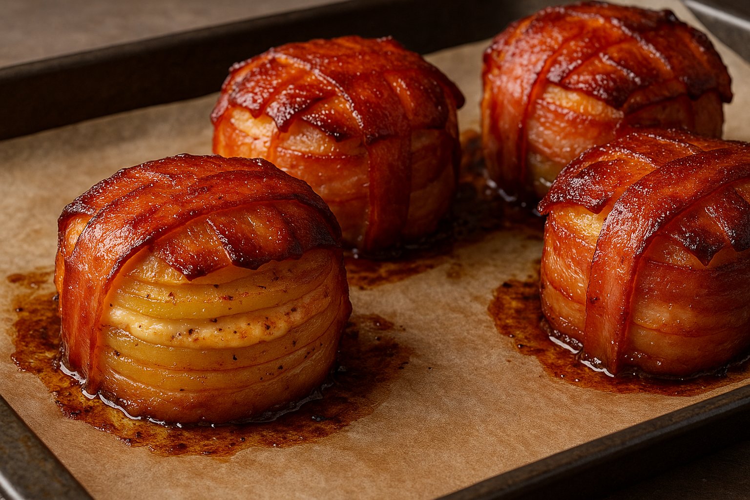 Vier goldbraun gebackene Bacon-Kartoffel-Bomben liegen auf einem mit Backpapier ausgelegten Blech. Die knusprige Speckhülle glänzt von der Honig-Senf-Glasur, zwischen den Schichten sind dünne Kartoffelscheiben und etwas geschmolzener Käse zu erkennen.