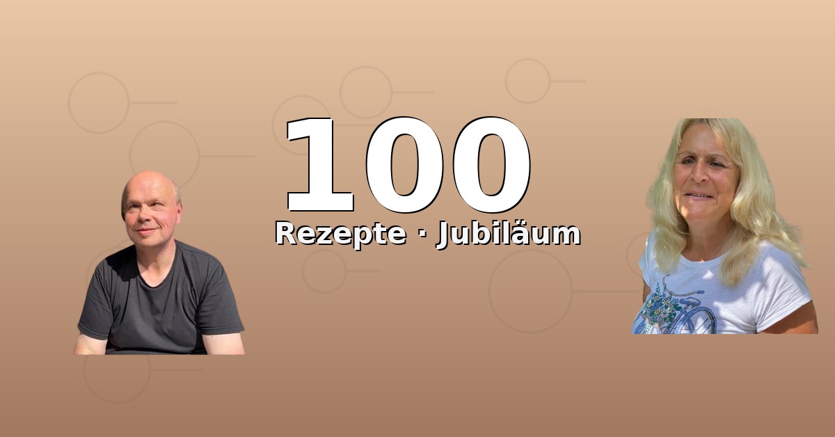 Goldener Banner. Auf Diesem ist links Jörg Bonfert und rechts Brigitte Habeck zu sehen. Dazwischen der Schriftzug 100 Rezepte Jubiläum.