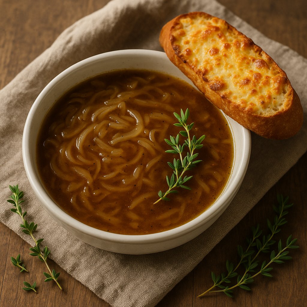 Die französische Zwiebelsuppe ist in einer Suppenschale angerichtet, daneben das Käse-Baguette