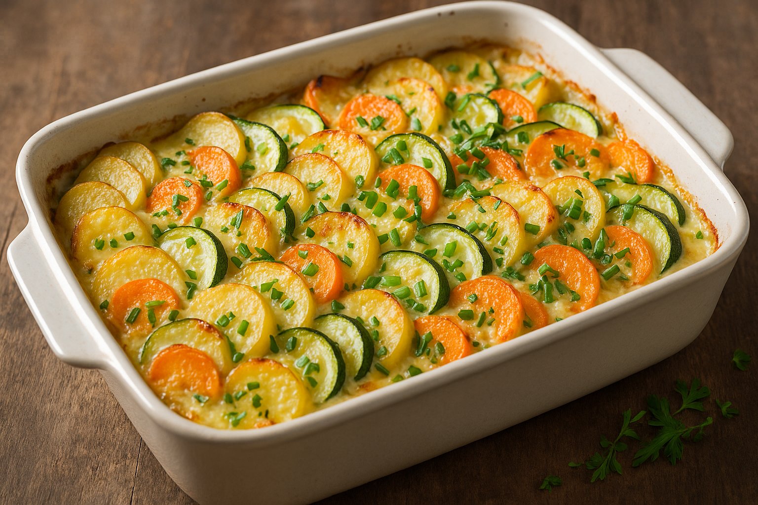 Auf dem Bild ist das Frühkartoffel-Gemüse-Gratin in einer Auflaufform zu sehen.