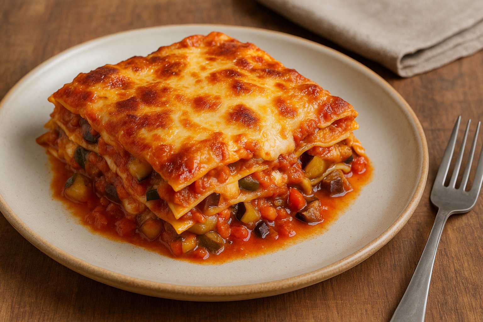 Ein rechteckiges Stück Gemüselasagne liegt auf einem schlichten Teller. Die Oberfläche ist goldbraun überbacken, darunter sind Schichten aus Pasta, Gemüsewürfeln und Tomatensauce zu erkennen. Das Gericht wirkt saftig, warm und frisch zubereitet. Rechts daneben liegt eine silberne Gabel auf dem Holztisch. 