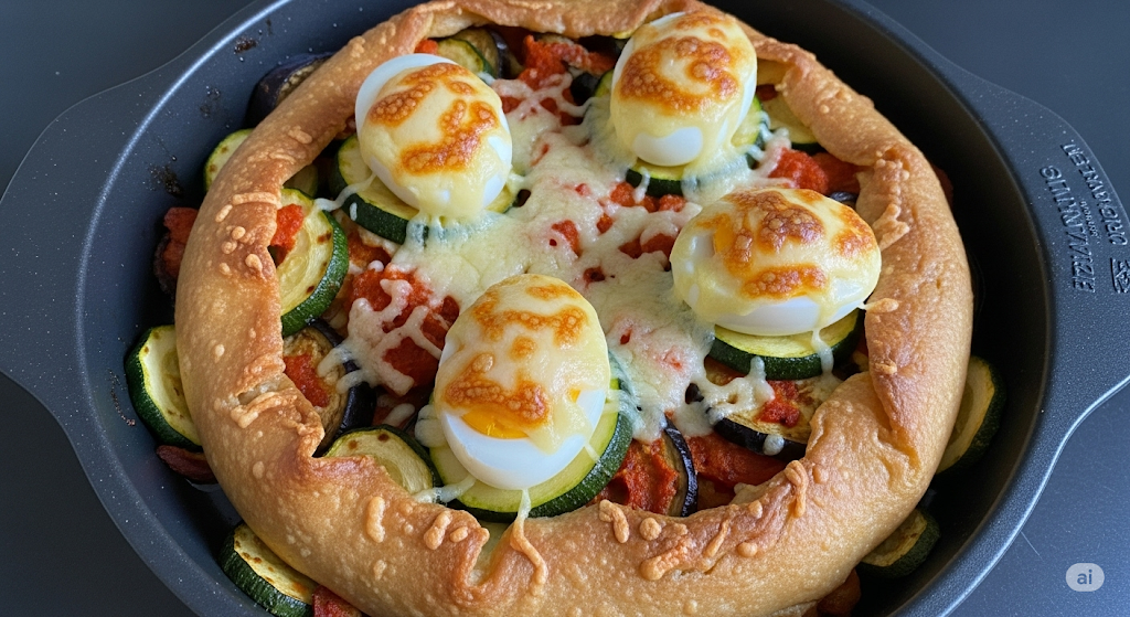 Eine mediterrane Gemüsepfanne in einer schwarzen Pfanne, mit Zucchini, Aubergine und Paprika, garniert mit vier Spiegeleiern, die mit Gouda-Käse überbacken sind.