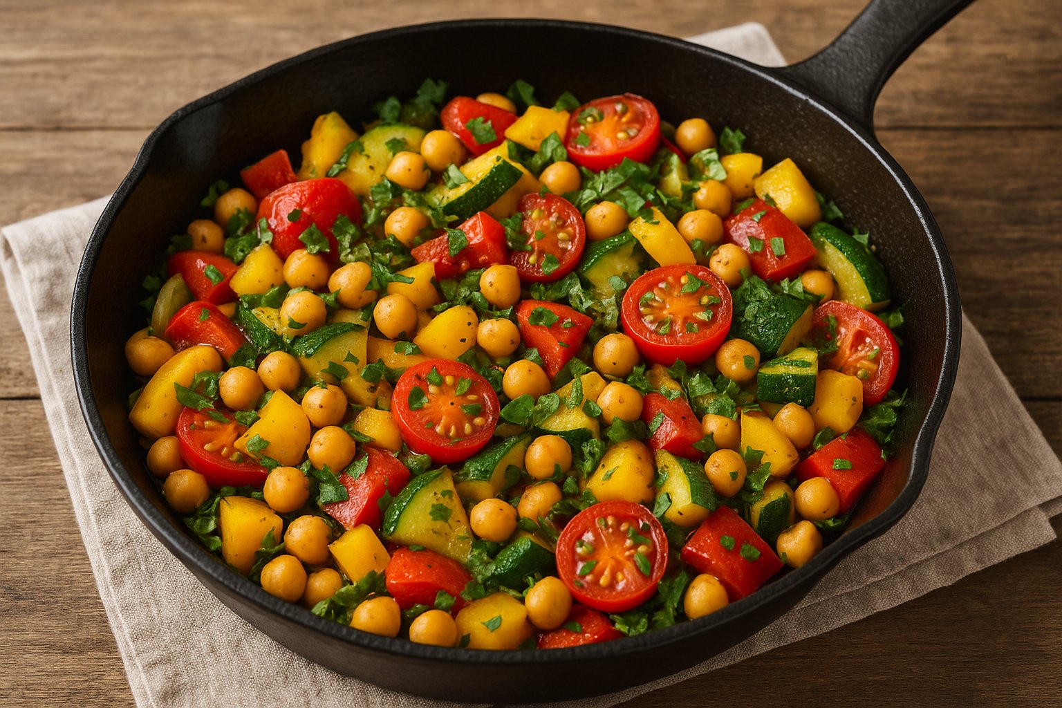 In einer schwarzen Gusseisenpfanne ist eine bunte Kichererbsenpfanne angerichtet. Zu sehen sind gelbe und rote Paprikastücke, halbierte Kirschtomaten, grüne Zucchinistücke und goldgelbe Kichererbsen, garniert mit frischer Petersilie. Die Pfanne steht auf einem beigen Tuch auf einem Holztisch. 