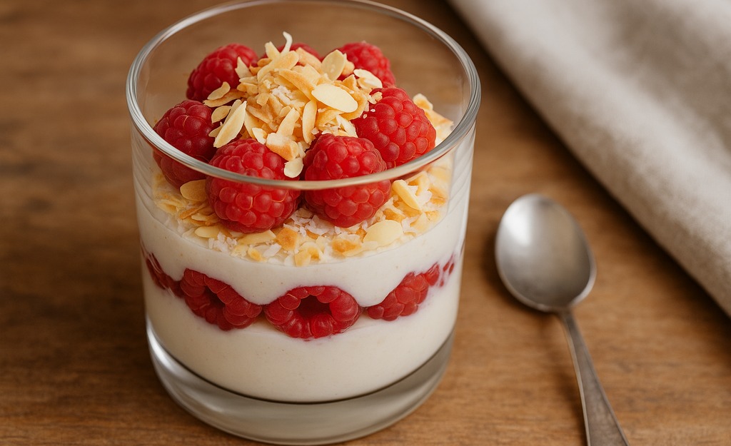 Schichtdessert aus Kokos-Quarkcreme mit frischen Himbeeren, bestreut mit Kokosraspeln und Mandelstiften; daneben ein Löffel auf rustikalem Holztisch (Querformat).