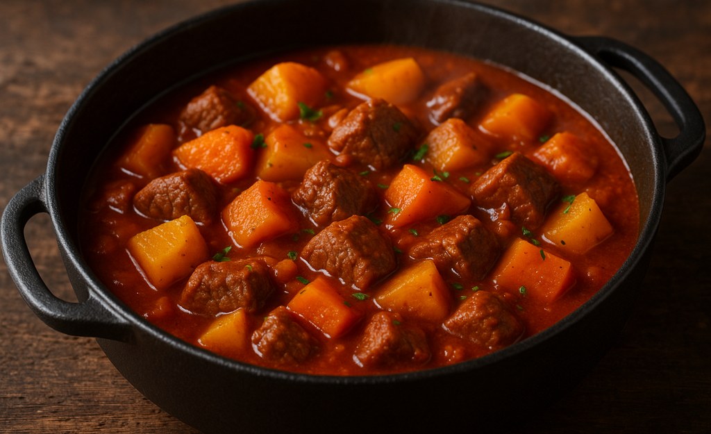 Gusseiserner Schmortopf mit Kürbisgulasch – sichtbare Rindfleischwürfel sowie orange Hokkaido- und gelbe Kartoffelwürfel in sämiger, paprika-roter Sauce, mit Petersilie bestreut auf Holztisch.