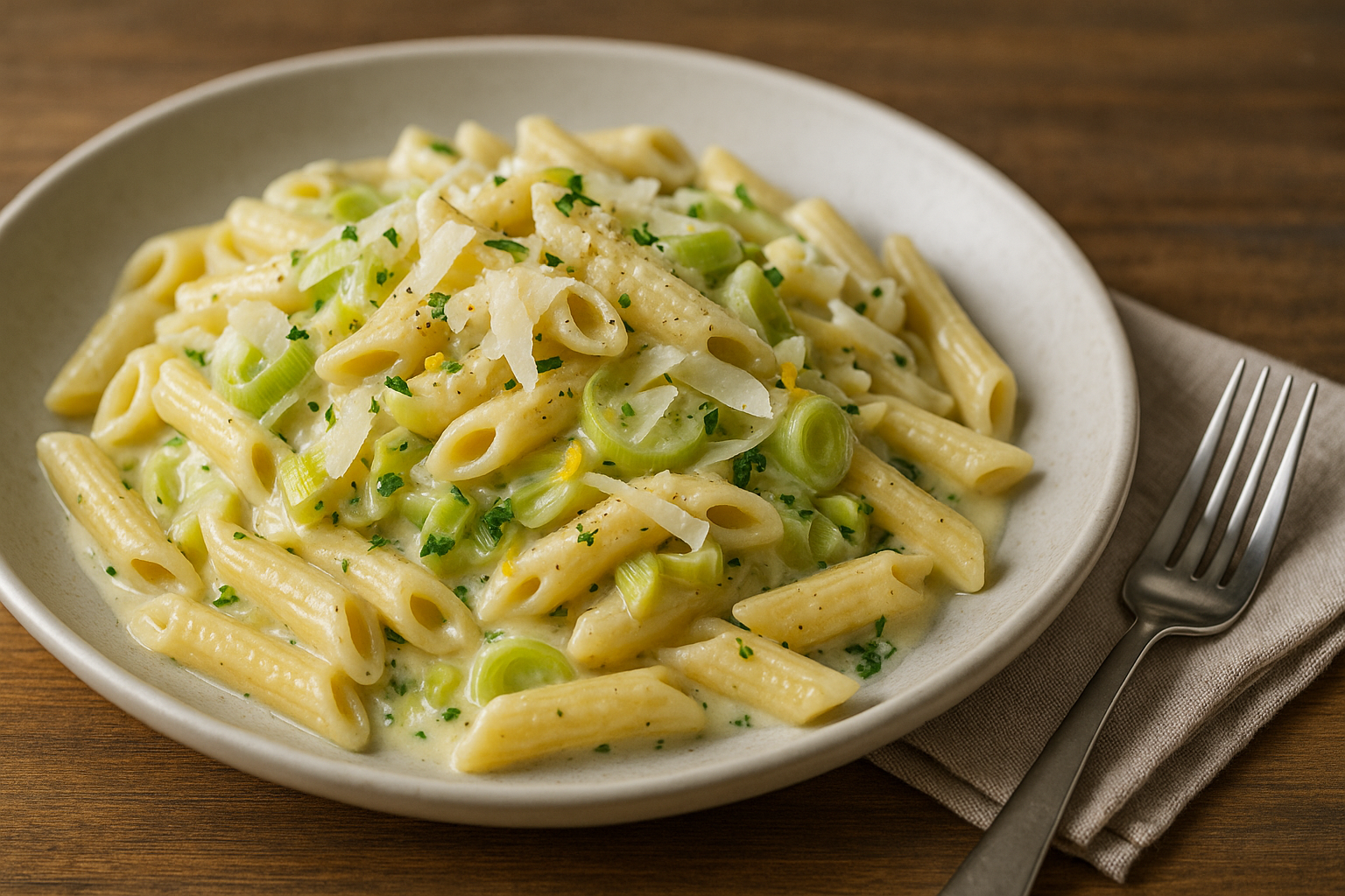 Cremige Penne mit Lauchringen in Zitronen-Parmesan-Sauce auf weißem Teller, mit Petersilie und Parmesan-Spänen, angerichtet auf Holztisch mit Gabel.