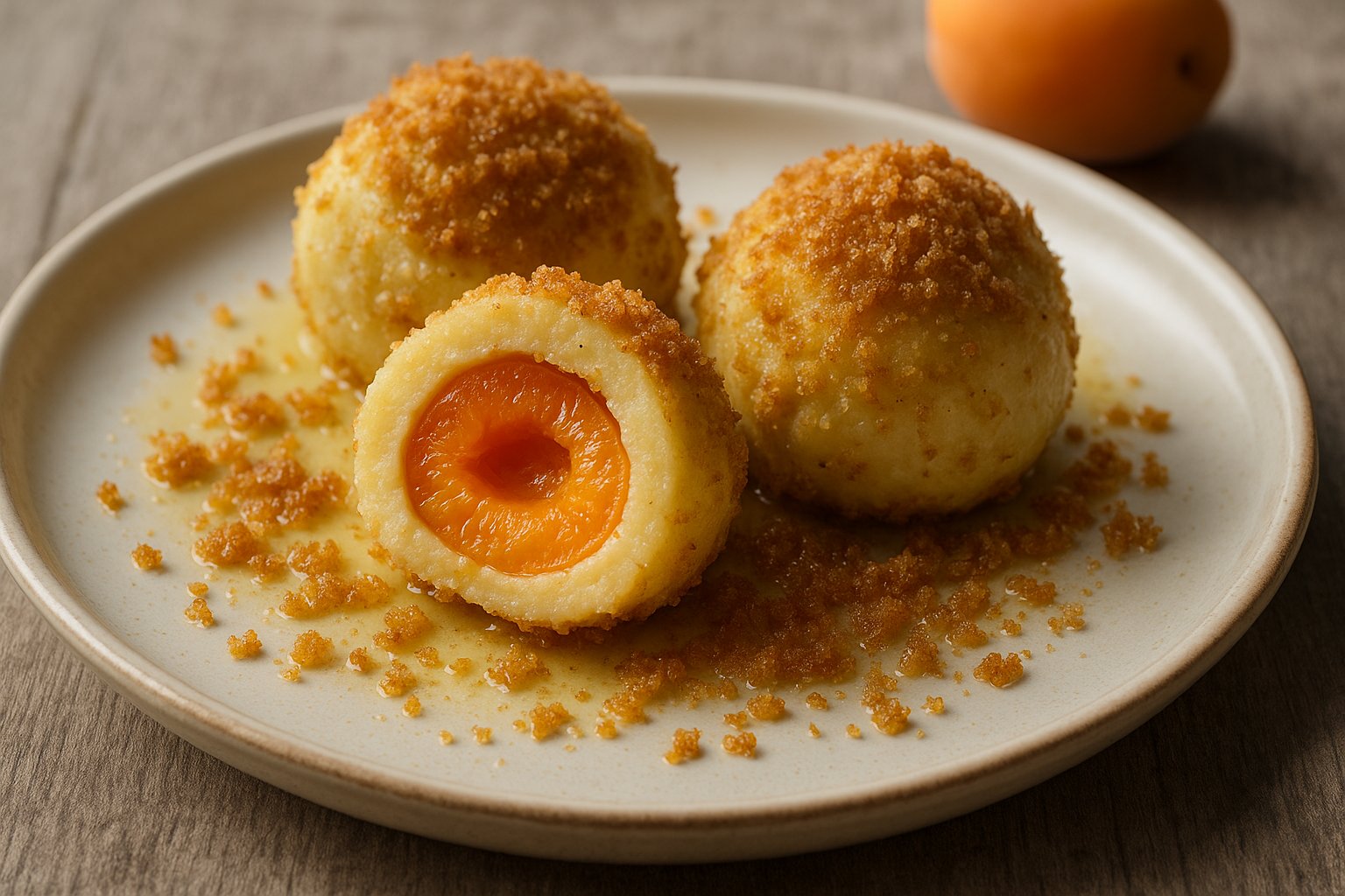 Drei goldbraun gebratene Marillenknödel liegen auf einem cremefarbenen Keramikteller. Einer der Knödel ist aufgeschnitten, sodass die leuchtend orange Aprikosenfüllung sichtbar wird. Um die Knödel herum sind geröstete Butterbrösel verteilt, etwas Butter glänzt auf der Oberfläche. Im Hintergrund liegt eine frische Aprikose, das Licht ist weich und natürlich. 