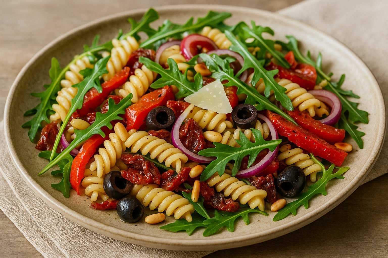 Auf einem flachen, beigen Keramikteller ist ein mediterraner Nudelsalat appetitlich angerichtet. Die spiralförmigen Nudeln (Fusilli) sind gleichmäßig verteilt und werden von gerösteten roten Paprikastreifen, dunkelgrünem Rucola, halbgetrockneten Tomaten und schwarzen Oliven begleitet. Fein geschnittene rote Zwiebeln und goldbraun geröstete Pinienkerne setzen zusätzliche Akzente. Obenauf liegt eine zarte Parmesanscheibe. Das Ensemble wirkt farbenfroh, frisch und sommerlich – fotografiert bei natürlichem Licht auf einem hellen Holztisch mit beigem Stoff darunter.