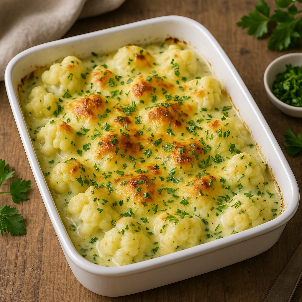 Goldbraun überbackener Blumenkohl in einer weißen Auflaufform auf einem rustikalen Holztisch, mit geschmolzenem Käse, Kräutern und leichter Bräunung, im natürlichen Licht angerichtet.
