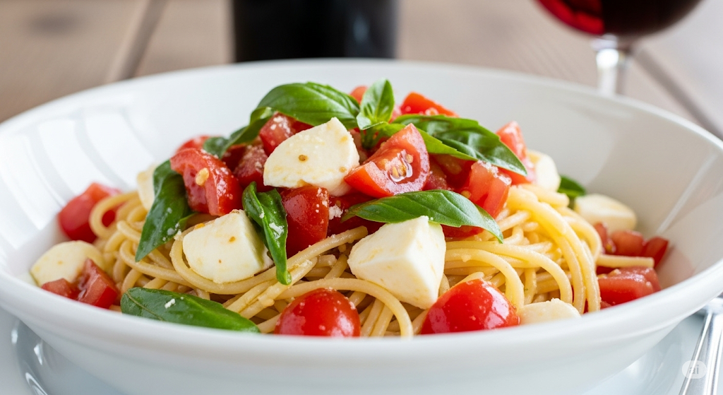 Eine Nahaufnahme in hellem, natürlichem Licht zeigt einen weißen, tiefen Teller, der mittig im Bild platziert ist. Der Teller ist reichlich gefüllt mit Spaghetti alla Crudaiola. Die hellen Nudeln sind gut vermischt mit leuchtend roten, halbierten Kirschtomaten und cremeweißen Würfeln von Mozzarella-Käse. Dazwischen und obendrauf sind zahlreiche frische, grüne Basilikumblätter verteilt. Das gesamte Gericht glänzt leicht durch das Olivenöl. Im unscharfen Hintergrund sind der dunkle Hals einer Flasche und der obere Rand eines mit Rotwein gefüllten Glases zu erkennen, was eine einladende, sommerliche Atmosphäre wie auf einer Terrasse oder in einem Restaurant erzeugt.