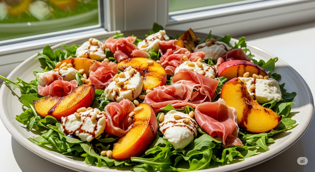 Das Bild zeigt einen großen, hellen Keramikteller, üppig belegt mit einem bunten Sommersalat. Die Basis bildet ein dichtes Bett aus dunkelgrünem Rucola. Darauf sind kunstvoll mehrere goldbraun gebratene Pfirsichspalten, zarte, rosafarbene Scheiben von Prosciutto und unregelmäßige Stücke von cremig-weißem Büffelmozzarella arrangiert. Der Salat ist mit gerösteten Pinienkernen bestreut und mit einem dunklen Balsamico-Dressing beträufelt. Das Gericht steht in hellem, natürlichem Tageslicht vor einem Fenster, was ihm eine frische und sehr appetitliche Wirkung verleiht.