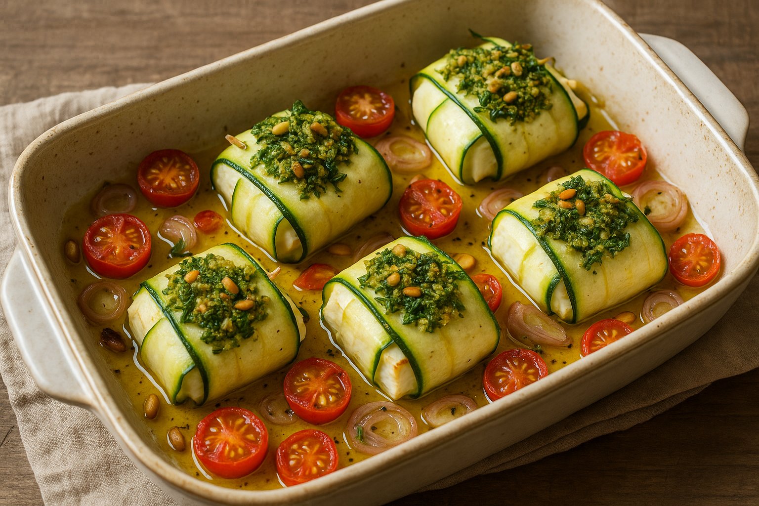In einer rechteckigen, cremefarbenen Auflaufform sind sechs kleine Päckchen aus dünn gehobelten Zucchinistreifen nebeneinander angeordnet. Die Zucchini sind wie Geschenkband um eine Füllung gewickelt, die leicht aufgegangen ist und teilweise sichtbar wird. Auf jedem Päckchen liegt eine grüne Kräuterkruste mit goldbraunen Pinienkernen. Zwischen den Päckchen sind halbierte Kirschtomaten und feine Schalottenringe verteilt, die ebenfalls im Ofen mitgegart wurden. Die Form steht auf einem beigen Leinentuch auf einem rustikalen Holztisch. Das Bild ist hell und natürlich ausgeleuchtet.